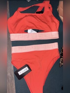 Versace Coral Two-Piece Bikini with Branded Greca Waistband